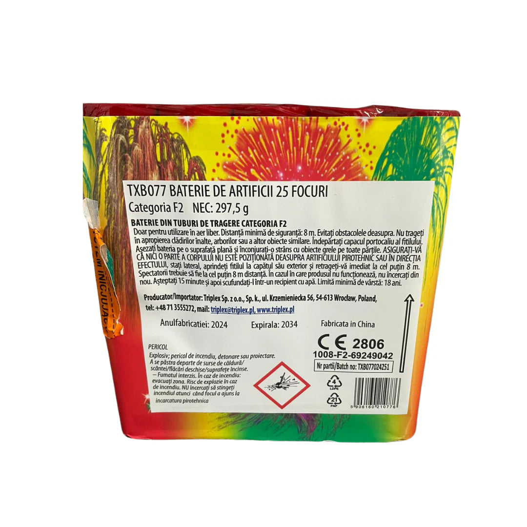Baterie de artificii 100 Trandafiri, TXB077, calibru 25, 25 focuri